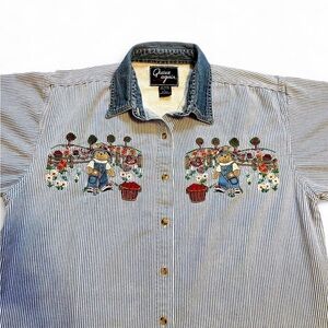 Vintage Teddy Bear Grandmacore Striped Button-Down Shirt with Embroidered Design